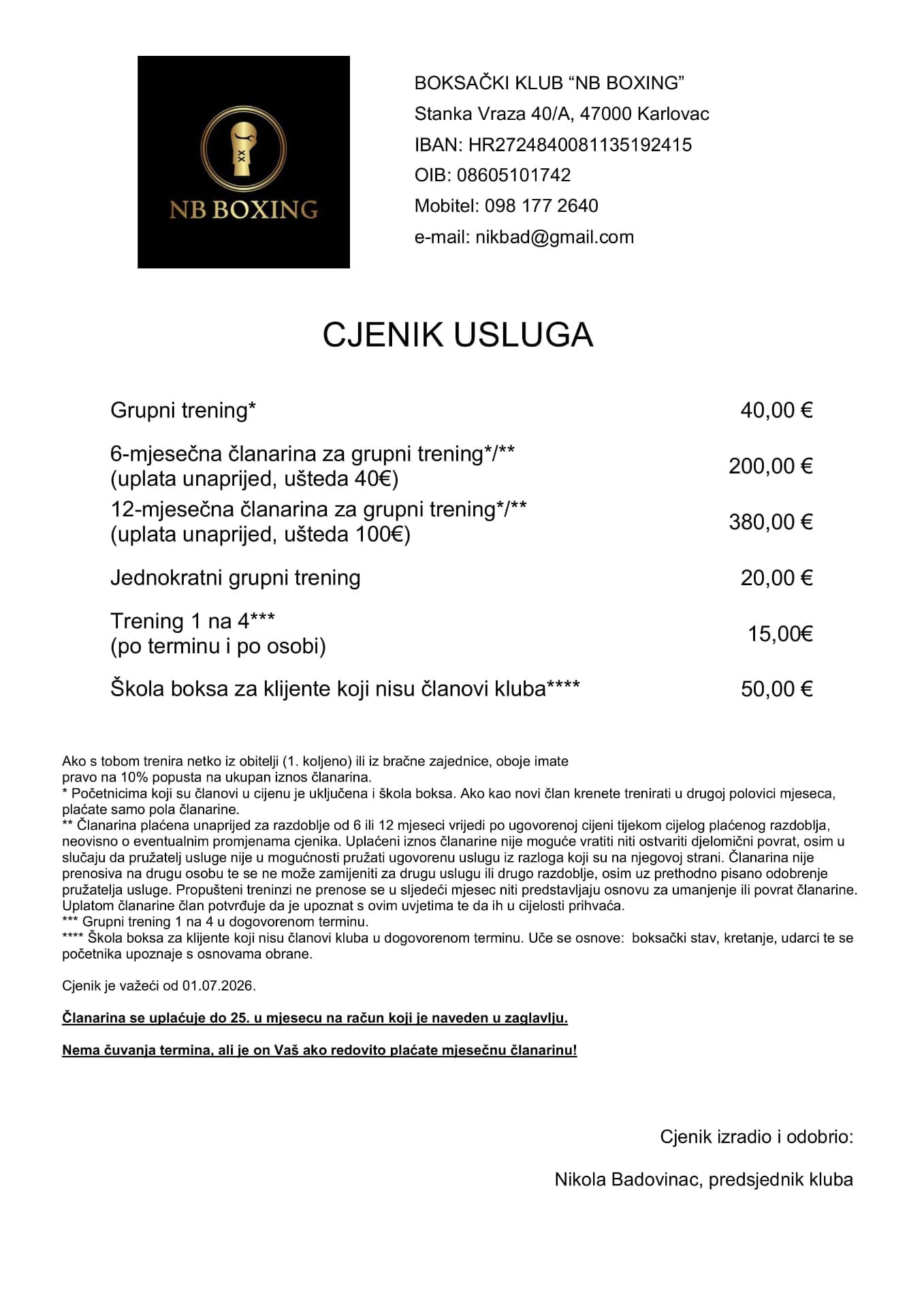 Novi cjenik usluga